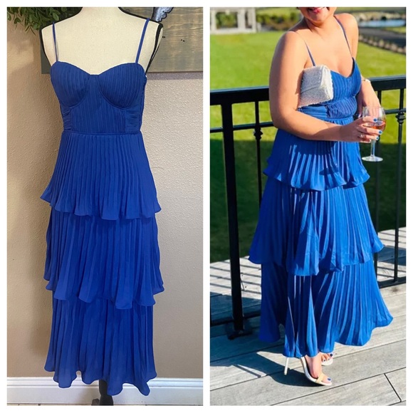 cascading crush cobalt blue tiered bustier midi dress NWT Lulus Cascading Crush Cobalt Blue Tiered Bustier Midi Dress Gala Banquet XS
